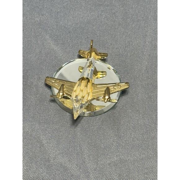 Vintage 3" Authentic Crystal And Gold Airplane On Glass Mirror Base - Picture 1 of 7